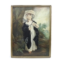 A modern oil on canvas in French 18th century style, depicting a girl wearing a white dress, bonnet ... 