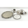 A group of four silver plated items, comprising two circular Chippendale pie crust edged trays, a tw... 