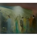 Gloria Jarvis (American, 20th century): 'Disco', depicting partygoers, oil on board, signed lower ri... 