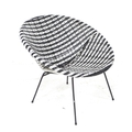 A retro 'moon' chair, circa 1960's, with black and white plastic woven circular seat and black metal... 