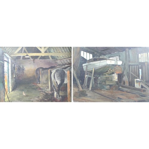 257 - A mid 20th century oil on board depicting the interior of a stable, two horses in stalls, a chicken ... 