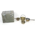 A heavy white metal storage case, 53 by 38 by 46cm high, together with a group of brass jamming pans... 