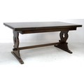 A mid 20th century dark stained oak dining table, of trestle form, with two additional leaves, 168 b... 