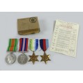 Four WWII medals with postal boxes one labelled on active service, for J.W. Woods, Steward on HMS Ja... 