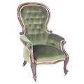 A Victorian mahogany spoon back armchair, moulded frame and scroll arm ends, upholstered in green bu... 
