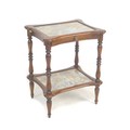 A reproduction mahogany and marble inset side table, the surfaces of rectangular form with concave s... 
