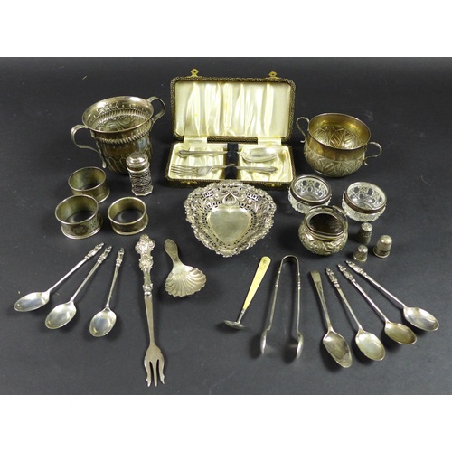 61 - A group of silver items, including a Victorian twin handled Christening cup with gadrooned decoratio... 