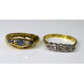 An 18ct gold and diamond five stone ring, size O, 2.1g, together with an 18ct gold, sapphire and dia... 