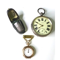 A 9ct gold cased top wind fob watch with Arabic dial, inscribed gilt dust cover, and gilt pin fittin... 
