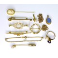 An 18ct gold stick pin set with a pearl and a diamond, 2.7g, together with a group of 9ct jewellery,... 