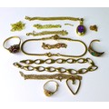 A group of 9ct gold jewellery, including a flowerhead ring set with garnets, an amethyst pendant, tw... 