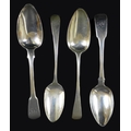 A group of four Georgian silver tablespoons, three with engraved 'AN' monogram to handles, comprisin... 