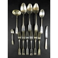 Nine pieces of Danish silver flatware, all with shell terminals, comprising five table forks, a ladl... 