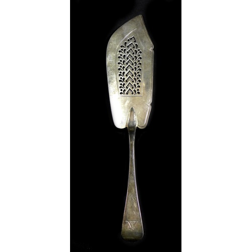 42 - A Victorian silver fish slice, with pierced decoration, Mary Chawner, London 1838, 31cm long, togeth... 