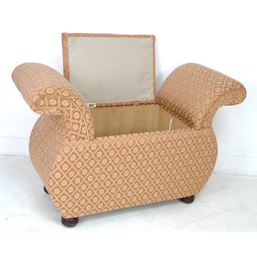 232 - A modern ottoman, with lift lid and storage compartment, out scroll arms, bun feet, upholstered in s... 