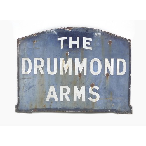 227 - A vintage enamel sign, of arched rectangular form, blue with white lettering 'The Drummond Arms', 13... 