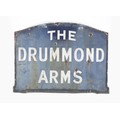 A vintage enamel sign, of arched rectangular form, blue with white lettering 'The Drummond Arms', 13... 