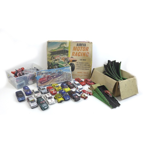 153 - A collection of Airfix and Scalextric toy model racing cars, including an Airfix Motor racing set wi... 