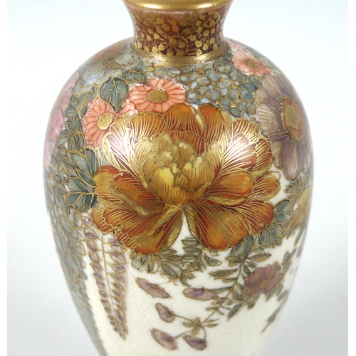 4 - A good Japanese Satsuma pottery miniature vase, Meiji period, of slender ovoid form with flared gilt... 