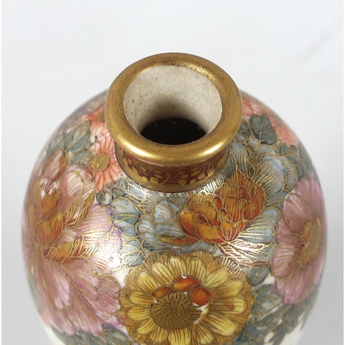 4 - A good Japanese Satsuma pottery miniature vase, Meiji period, of slender ovoid form with flared gilt... 