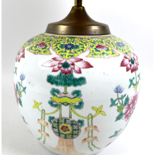 32 - A Chinese Qing Dynasty, 19th century, famille rose ginger jar, later converted to a lamp, the white ... 