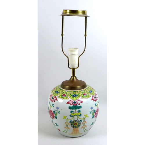 32 - A Chinese Qing Dynasty, 19th century, famille rose ginger jar, later converted to a lamp, the white ... 