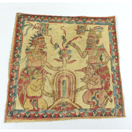 12 - An Indonesian linen Batik and painted pictorial cloth, decorated with two figures possibly deities w... 