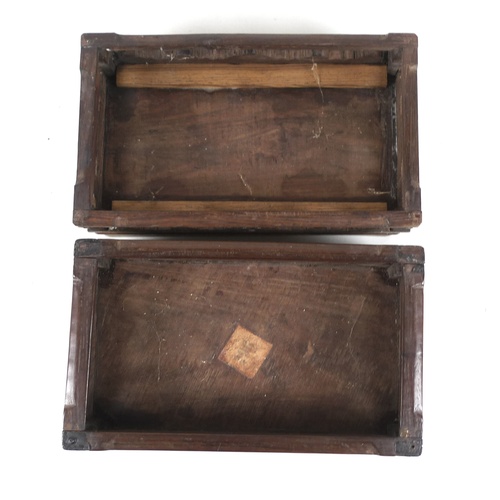 20 - A near pair of Chinese hardwood inlaid trays on stands, early 20th century, of rectangular form with... 