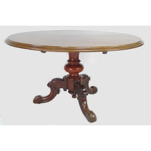 301 - A late Victorian mahogany breakfast table, the oval tilt top with moulded edge, on a baluster column... 