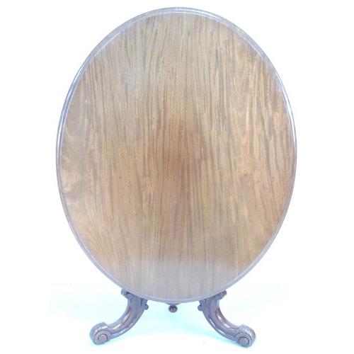 301 - A late Victorian mahogany breakfast table, the oval tilt top with moulded edge, on a baluster column... 