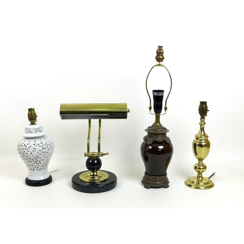 88 - A group of four modern table lamps, comprising a brass desk lamp, a Chinese style white glazed and r... 