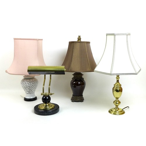 88 - A group of four modern table lamps, comprising a brass desk lamp, a Chinese style white glazed and r... 