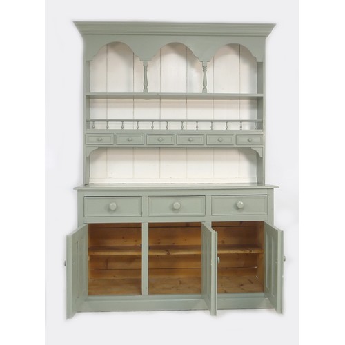 239 - A modern painted pine dresser, sage green and white, the plate rack fitted with six spice drawers an... 