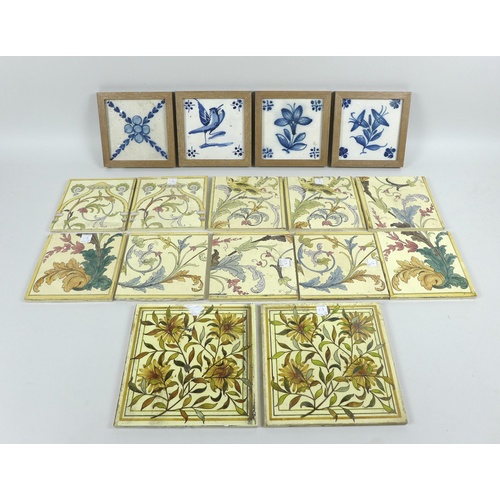 64 - A collection of sixteen tiles, comprising four 19th century Delft blue and white tiles, set into woo... 