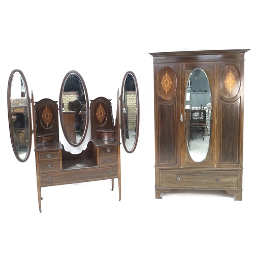 313 - An Edwardian mahogany and inlaid part bedroom suite, decorated with oval satin wood inlays, comprisi... 