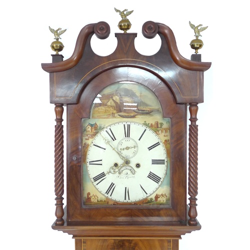 306 - A 19th century long case clock by George Bartle, with hand painted arched dial, date aperture, Roman... 