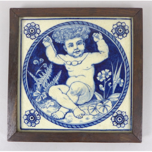 63 - A 19th century Mintons blue and white tile, featuring a cherub holding up a necklace, bearing marks ... 