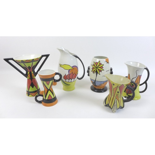 72 - A group of six decorative Lorna Bailey vases and jugs, comprising a tall ewer with 'Ellgreave House'... 