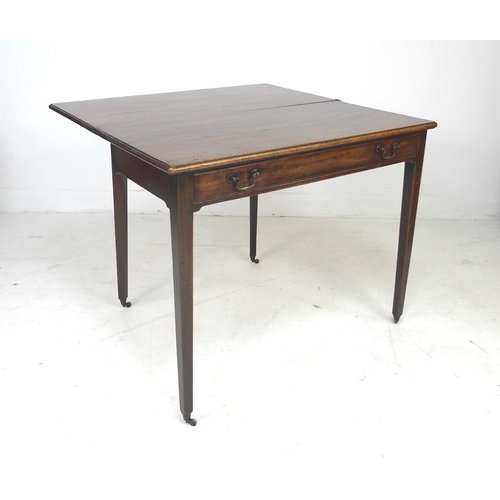 280 - A 19th century walnut tea table, with single drawer, raised upon tapering legs and brass castors, 92... 