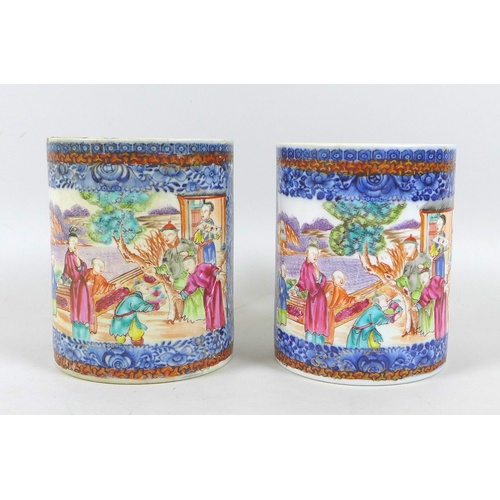 42 - A pair of Chinese Export porcelain tankards, Qing Dynasty, early 19th century, decorated in undergla... 