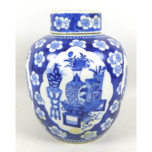 40 - A Chinese Qing Dynasty, 19th century, porcelain large ginger jar and cover, decorated in underglaze ... 