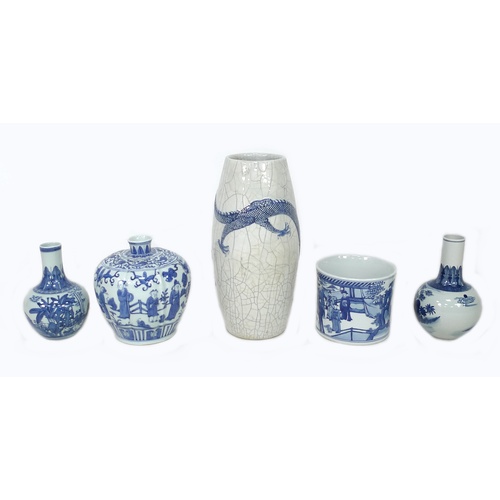 27 - A group of modern Chinese blue and white ceramics, comprising a stick stand, with white crackleure g... 