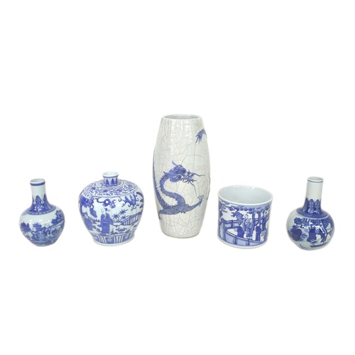 27 - A group of modern Chinese blue and white ceramics, comprising a stick stand, with white crackleure g... 
