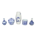 A group of modern Chinese blue and white ceramics, comprising a stick stand, with white crackleure g... 