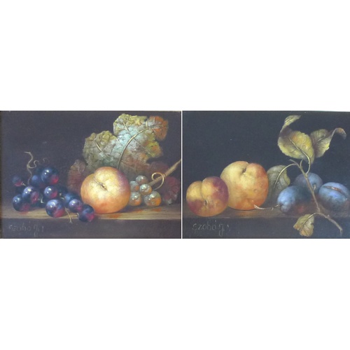 214 - A pair of modern still life studies, each signed 'Szabo' lower left, oils on board, 12 by 17cm, fram... 