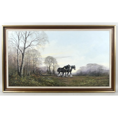 216 - J. Caesar Smith (British, b. 1930): two shire horses clearing woodland, signed and dated '77 lower r... 