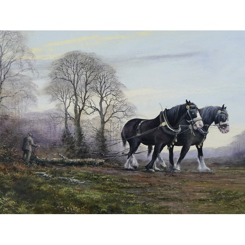 216 - J. Caesar Smith (British, b. 1930): two shire horses clearing woodland, signed and dated '77 lower r... 