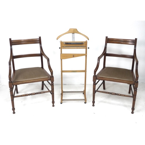 266 - A pair of Edwardian mahogany open armchairs, in the style of Gillows, with line carved frames, drop ... 