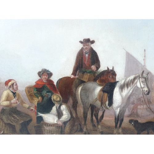 210 - Dutch School (18th century): fishermen and women on the seashore, one on horseback, with a merchant ... 