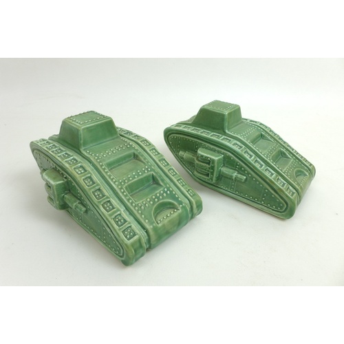 49 - A pair of Carlton Ware WWI Mark IV style tanks, with green glaze, printed factory marks to bases, ea... 